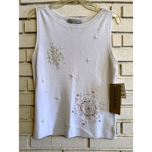 Lucia Burns White  Beaded Tank Sweater‎ Sleeveless Shirt Snowflakes Size Lg NEW